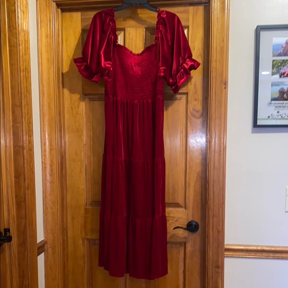 Red Ruffled A-line Midi Gown with Puff Sleeves